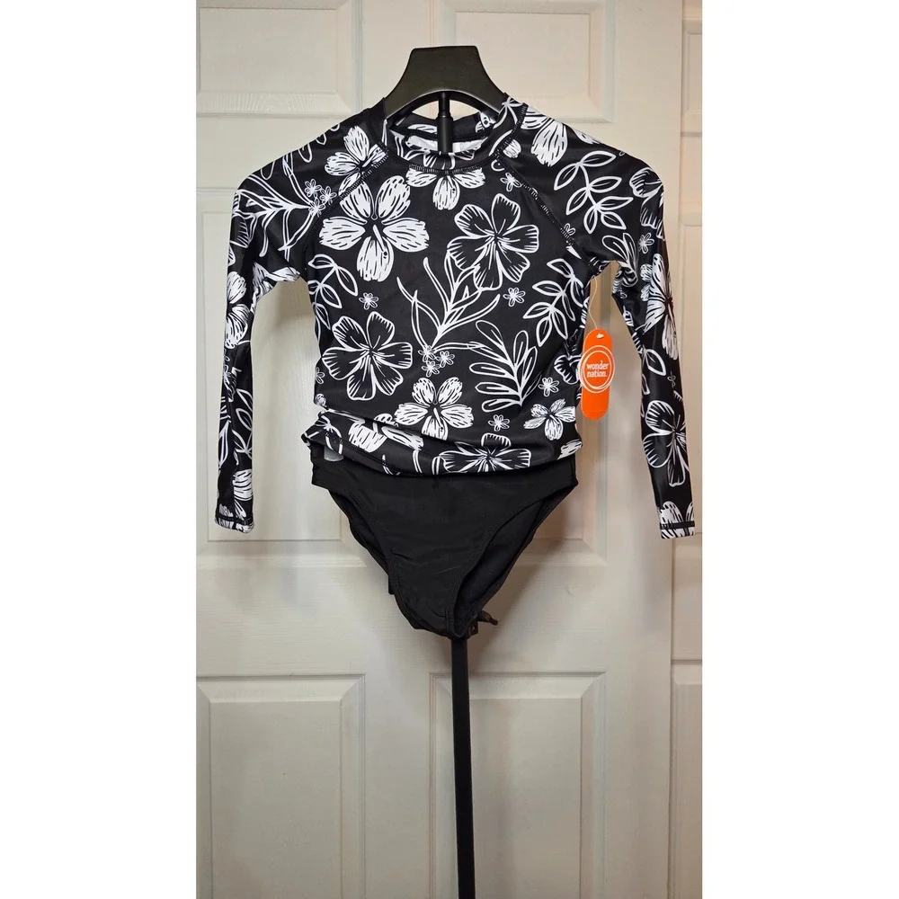 Girls Long Sleeve Rash Guard Swimsuit Set Black White Floral M 7-8
